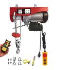 Upgrade Your Garage With This Heavy Duty Electric Hoist Featuring Dual Wireless Remote Or Wired Control, Auto Lock Brake And 65 Foot Steel Rope For Safe Farm Or DIY Renovation Lifting Up To 880 Pounds On 220V, showing hoist, remote, and steel rope.