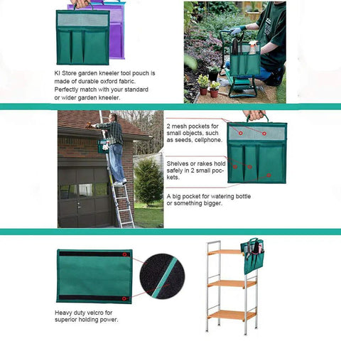 Foldable Garden Kneeler And Tool Tote Portable Seat And Storage Bag With Multiple Pockets Hanging Organizer For Tools Gardening Stool Durable 600D Oxford Cloth Purple in use with various gardening tools and accessories.