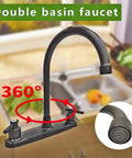 Road Trip Ready Eight Inch Metal RV Kitchen Sink Faucet Featuring Two Handle Design For Smooth Water Flow Control And No Hassle Swap Into Your Favorite Camper Setup Today, 360° swivel double basin faucet in matte black.