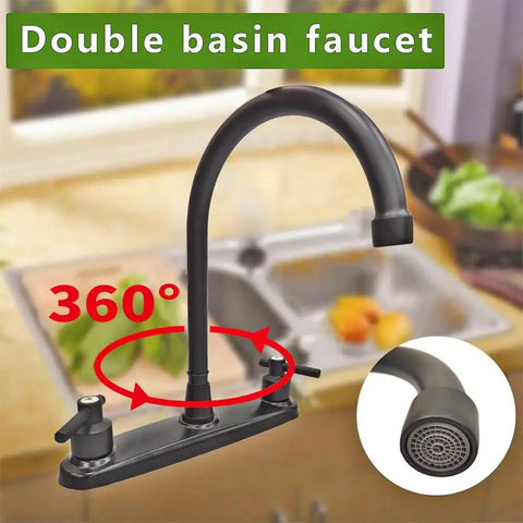 Road Trip Ready Eight Inch Metal RV Kitchen Sink Faucet Featuring Two Handle Design For Smooth Water Flow Control And No Hassle Swap Into Your Favorite Camper Setup Today, 360° swivel double basin faucet in matte black.