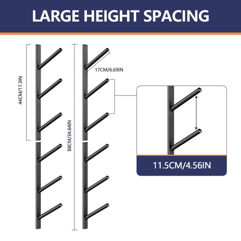 Rad Six Tier Skateboard Wall Mount And Snowboard Rack Heavy Duty Horizontal Board Hanger dimensions with large height spacing for storage.