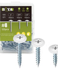 Heavy Duty White Wood Screws 120 Piece Bulk Kit Featuring Rugged Carbon Steel Frame For Cabinet Fastening And No Sweat Self Tapping Install In Three Handy Sizes, showing #8 screws in various sizes.