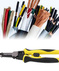 Heavy-Duty Carbon Steel Wire Stripper With Secure Non Slip Grip Electrician Crimping Pliers and various electric wires.