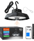 Smart Bluetooth UFO LED High Bay Light With Motion Sensor 100W 16,000 Lumens 5000K Dimmable Shop Garage Lighting, Alexa Compatible Via Hub Not Included, Aluminum Finish, Easy Plug And Play 120-277V 1 Pack shown with box, app interface, and remote control.
