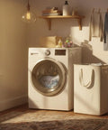 Space Saving Skinny Laundry Basket For Narrow Spaces With Durable Handles Collapsible Dirty Clothes Hamper Tall Laundry Bin 12.7 Gallons Beige next to washing machine