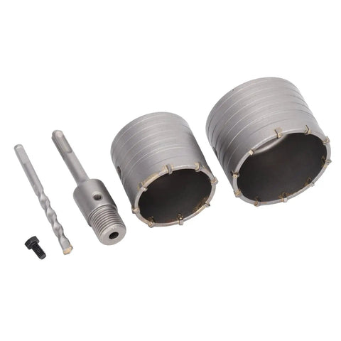 Heavy Duty 5 Pc Concrete Hole Saw Set With Yg8 Alloy Cutters And 45 Steel Core Drill Bits For Masonry Brick Wall Openings Up To 65 Or 80 Mm Wide Holes In Cement, 65mm and 80mm cutters with shank