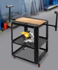 Heavy Duty Rolling Planer Stand With Buttery Smooth Glide Wheels And Pro Grade Adjustable Height Workbench Setup For Miter Saws And Bench Tools features a wood top and miter saw.