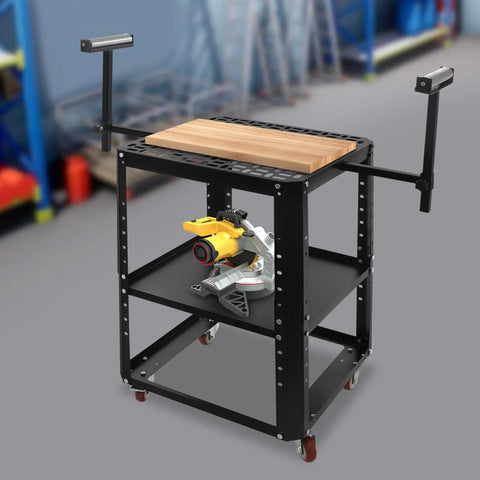 Heavy Duty Rolling Planer Stand With Buttery Smooth Glide Wheels And Pro Grade Adjustable Height Workbench Setup For Miter Saws And Bench Tools features a wood top and miter saw.
