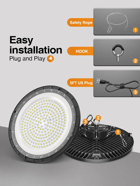 Killer Bright UFO High Bay Light 200W 5000K 30000LM 150LM Per Watt Equivalent To 800W MH HPS HID with safety rope, hook, plug