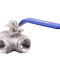 3 Way Ball Valve With T Mounting Pad, Stainless Steel 304, Female 1 Inch NPT Ports For Water Oil And Gas, Vinyl Locking Handle