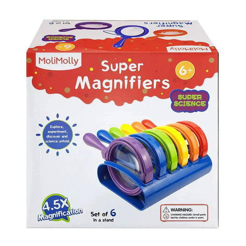 Product packaging for Kid Friendly Jumbo Magnifying Glass Set With Stand Six Pack For Ages Three Plus Easy Grip Primary Science Magnifiers