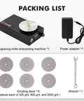 Heavy Duty Variable Speed Engraving Knife Sharpening Station With Six Grit Wheels And Stepless Forward Reverse Dial For No Sweat Hobbyist Tool Maintenance, includes grinding discs, power adapter, and wrench.