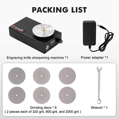 Heavy Duty Variable Speed Engraving Knife Sharpening Station With Six Grit Wheels And Stepless Forward Reverse Dial For No Sweat Hobbyist Tool Maintenance, includes grinding discs, power adapter, and wrench.