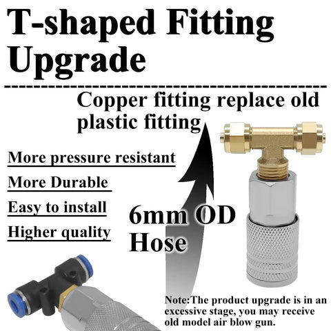 T-shaped fitting upgrade for air blower gun, featuring durable copper design for 6mm OD hose connection.