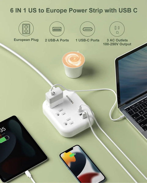 US To Europe Travel Plug Adapter With USB C And Three USB Ports Three Outlets Three Foot Cord White with devices connected.
