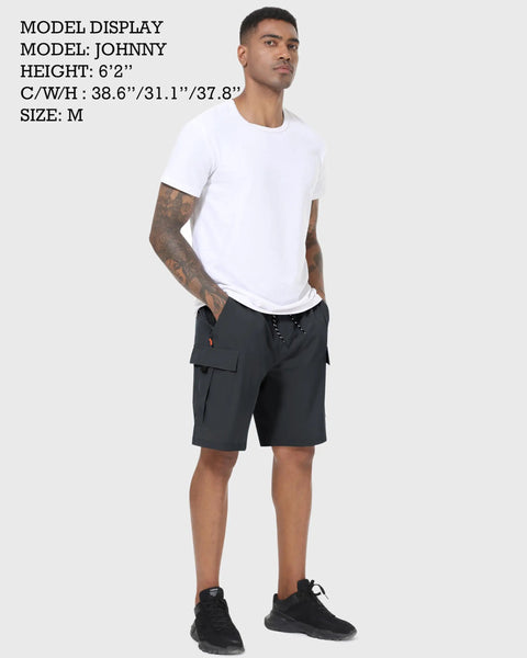 Model wearing Quick Dry Cargo Shorts For Men With Stretch Lightweight Hiking Shorts With Five Pockets No Lining Dark Gray Size M
