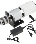 Top Shelf Knockout 775 DC Motor Table Drill Featuring B10 Chuck and Slick Variable Speed Switch with power adapter and setup tools.