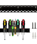 Sturdy 12.6 Inch Wall Mounted Screwdriver And Pliers Holder With 23 Slots Multi Purpose Tool Organizer with tools and mounting screws.