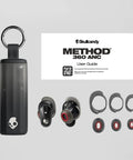 Method 360 ANC Wireless Earbuds With Bose Sound, Bluetooth Headphones, charging case, ear tips, and user guide displayed.