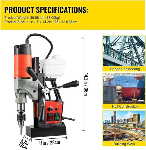 Heavy Duty 1200W Magnetic Drill Press Rock Solid Electric Mag Bench Tapping Rig with dimensions 11x4.7x14.2in, ideal for steel construction.