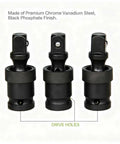 Three swivel impact sockets from Swivel Impact Socket Set Four Piece With 360 Degree Universal Joint Adapter Air Pneumatic Power Wrench Sockets Kit