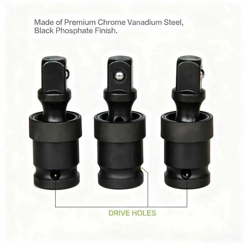 Three swivel impact sockets from Swivel Impact Socket Set Four Piece With 360 Degree Universal Joint Adapter Air Pneumatic Power Wrench Sockets Kit