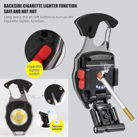 Magnetic COB Keychain Work Light With 7 Modes, 1600 Lumens, Rechargeable LED Flashlight showing back with cigarette lighter
