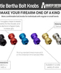 Little Bertha bolt knobs in various colors, hourglass shape, includes design details, titanium material, 0.803 x 1.495 inches