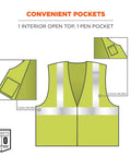 Worksite Ready Class 2 FR Modacrylic Safety Vest Lime Large-X-Large US With ANSI Reflective 3M Scotchlite ATPV 4.6 Cal Per Cm2 FR Hook Loop Closure Inside Pocket Dual Pen Pocket D Ring Access Slot Radio Mic Tab with detailed pocket layout showing interior open top and pen pocket.