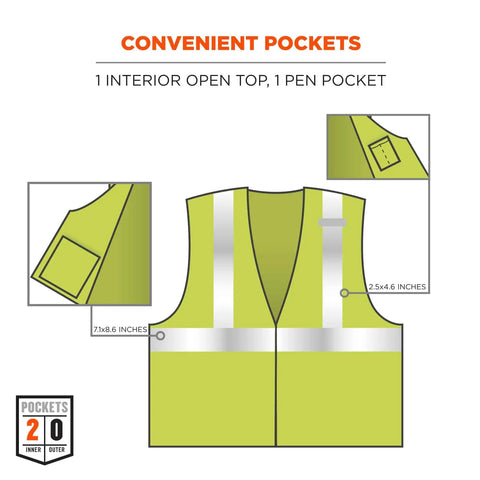 Worksite Ready Class 2 FR Modacrylic Safety Vest Lime Large-X-Large US With ANSI Reflective 3M Scotchlite ATPV 4.6 Cal Per Cm2 FR Hook Loop Closure Inside Pocket Dual Pen Pocket D Ring Access Slot Radio Mic Tab with detailed pocket layout showing interior open top and pen pocket.