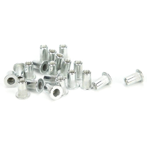 100 Piece Rivet Nuts Kit M3x20 Hollow Thread Inserts Aluminum Alloy Fasteners Hardware For Quick Beefy Riveting In Auto Body Metalworking DIY Projects And Industrial Applications, silver rivet nuts on white