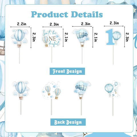 Blue Hot Air Balloon Cupcake Toppers 24 Pack With Four Pattern Set Double Sided Cardstock Fade Resistant Party Essentials