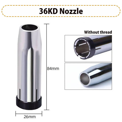 36KD nozzle for MIG guns, measuring 84mm in height and 26mm in diameter, designed for efficient welding without thread.