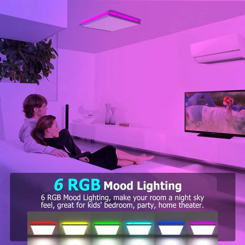 Remote Controlled 12 Inch LED Ceiling Light, Dimmable 24W Flush Mount Fixture With 3200 Lumens in RGB backlight setting in living room.