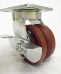 4 Inch Swivel Caster With Burgundy Ductile Steel Wheel And 7/8 Inch V Groove Offers 1500 Lbs Capacity, side view with locking brake.
