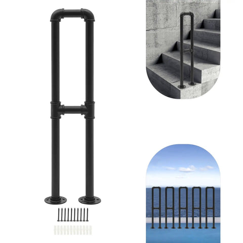 Hella Sturdy Stair Handrail Features U Shaped Galvanized Steel Frame For Heavy Duty Floor Standing Setup, 75x20cm black rail, rust-resistant.
