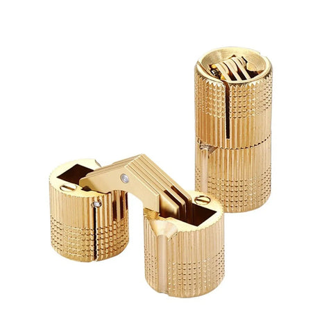 Concealed Cabinet Hinges Copper Barrels Cylindrical Hideaway Hardware For Furniture Cabinets Brass Look, 8mm diameter, 18mm length