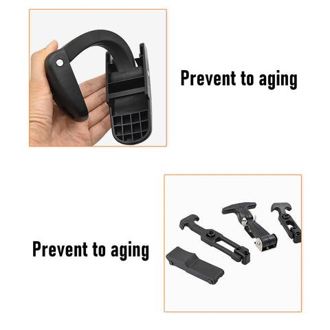 4 Pack Elastic Stainless Steel Rubber Hood Latches With Brackets shown in hand and laid on surface, prevent aging text
