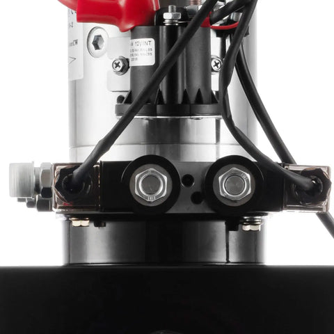 Close-up of Beefy Truck-Grade 8 Quart Hydraulic Power Unit With Dual Acting Dump Trailer Pump, 12V DC Motor, Steel Reservoir