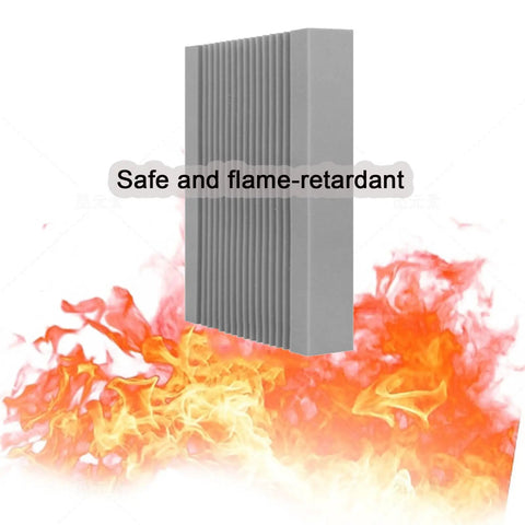 Pro Level Soundproof Studio Wedges Heavy Duty Acoustic Foam Panels 4 Inch Thick set in front of flames, gray, flame-retardant design.