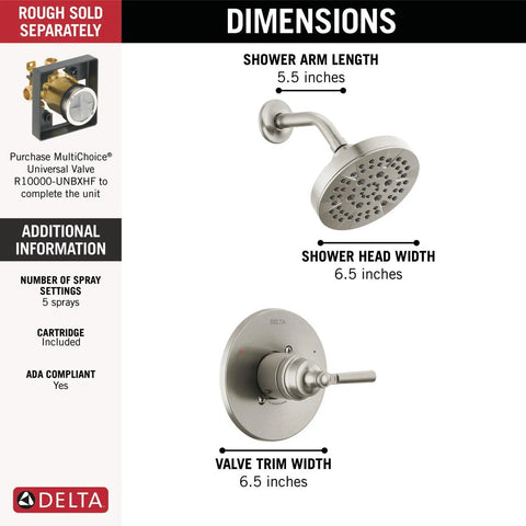 Dimensions of Saylor 14 Series Five Setting Shower Faucet Trim Kit In Brushed Nickel with 6.5-inch shower head and valve trim