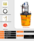 Job Ready Shop Tough Pneumatic Grease Pump Kit For Five Gallon Drums With 13 Foot Explosion Proof Hose and Sixty To One pressure ratio displayed on a yellow barrel.