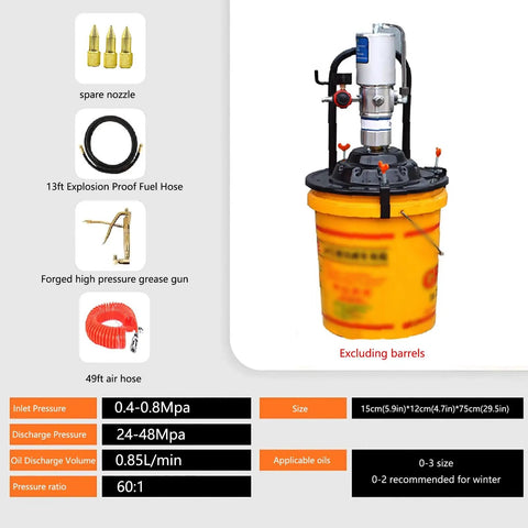 Job Ready Shop Tough Pneumatic Grease Pump Kit For Five Gallon Drums With 13 Foot Explosion Proof Hose and Sixty To One pressure ratio displayed on a yellow barrel.