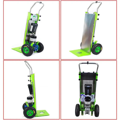 Heavy Duty Electrical Stair Climber Dolly With Brushless 1200W Motor And Removable Battery showing different angles and features of the dolly.