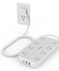 Ultra Slim Flat Power Strip Surge Protector With Eight Wide Spaced Outlets And Three Usb Ports Featuring Six Foot Cable connected to wall