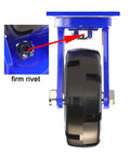 Heavy Duty Industrial Caster Pair With Solid Rubber Tires Swivel And Fixed Mount Built Like A Tank Integrated Brake showing a firm rivet.