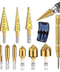 Heavy Duty Woodworking Drill Bit Kit With Dead Center Tower Auger And Quick Strike Punch For Sure Shot Doweling and smooth reamer set of golden drill bits.