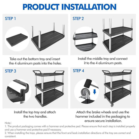 Step-by-step installation guide for Heavy Duty Utility Rolling Cart With Four Lockable Wheels, 3-Tier Plastic Service Cart.