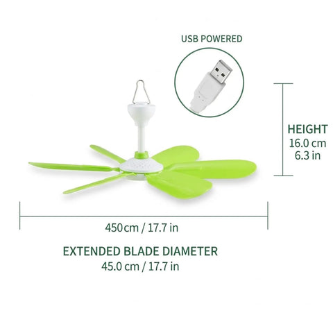 TusaMer Portable Ceiling Fan with Remote, 16.5 Inch USB Hanging Fan with 5 Soft Blades on display, USB powered for convenient use.