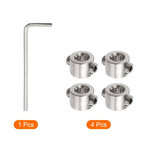 Four Piece Five Millimeter Drill Stop Collar Set With Adjustable Stainless Steel Depth Stop Rings Anodized Finish Dowel Shaft Chuck Positioner Includes Hex Wrench For Precise Drilling DIY Friendly Pro Grade Quality